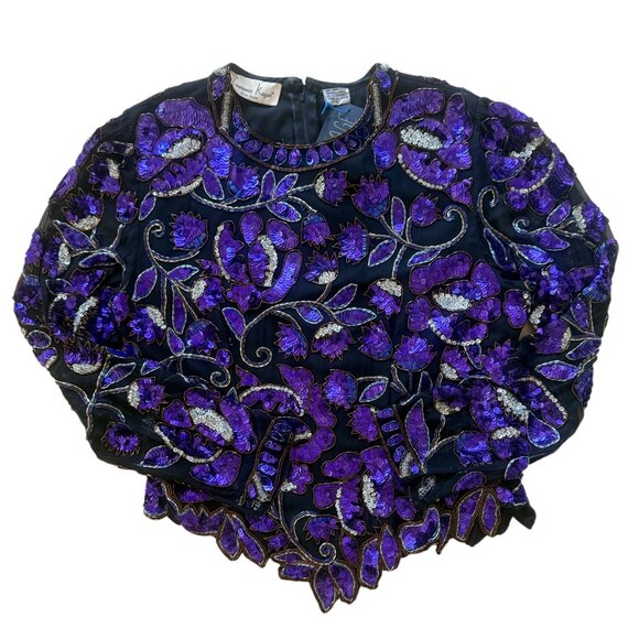 Lawrence Kazar Silk Floral Sequins Beaded Long Sleeve Blouse GORGEOUS! W-L - Picture 3 of 15